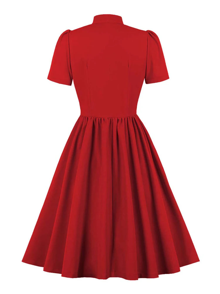 Vintage Inspired 1950s Bow Tie Neck Short Sleeve Swing Dress