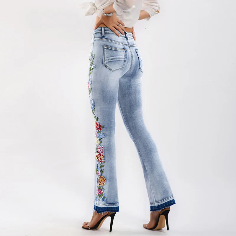 Embroidered Side Elegant Skinny Flare Jeans - Vintage Style