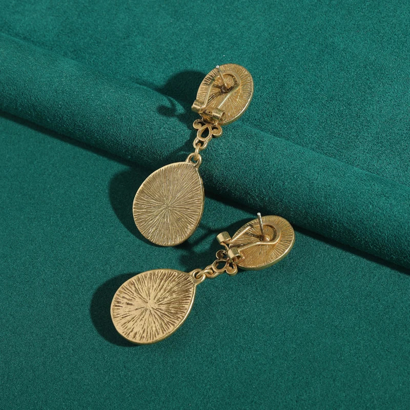 Vintage Duet Drop Earrings: Red Glass & Gradient Opal Cat Eye Stone with Gold Accents