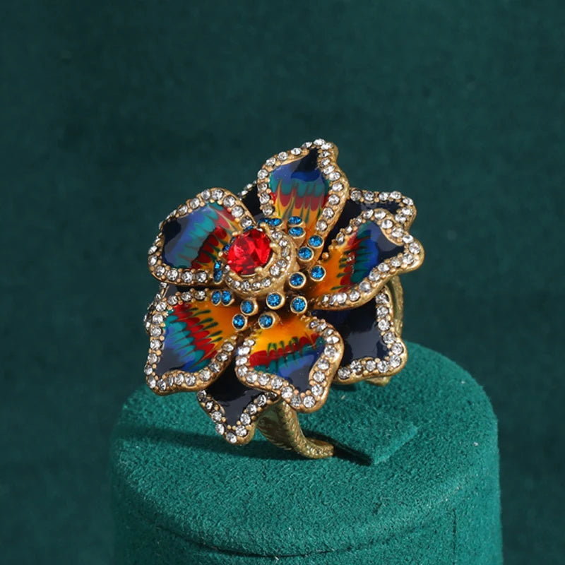 Antique Gold Color Flower Ring – Enamel Bloom Statement