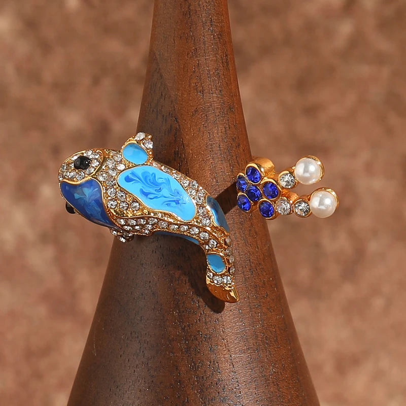 Vintage Enamel Koi Fish Cocktail Ring – 18K Gold-Plated