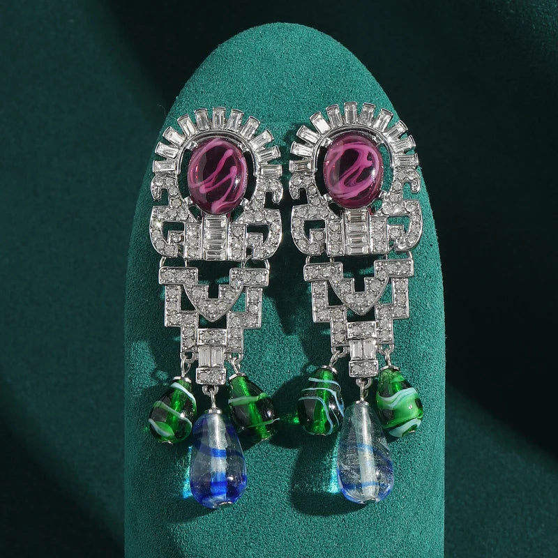 1950s Retro Hollywood Waterdrop Earrings – Purple Glass & Zircon Statement Pair