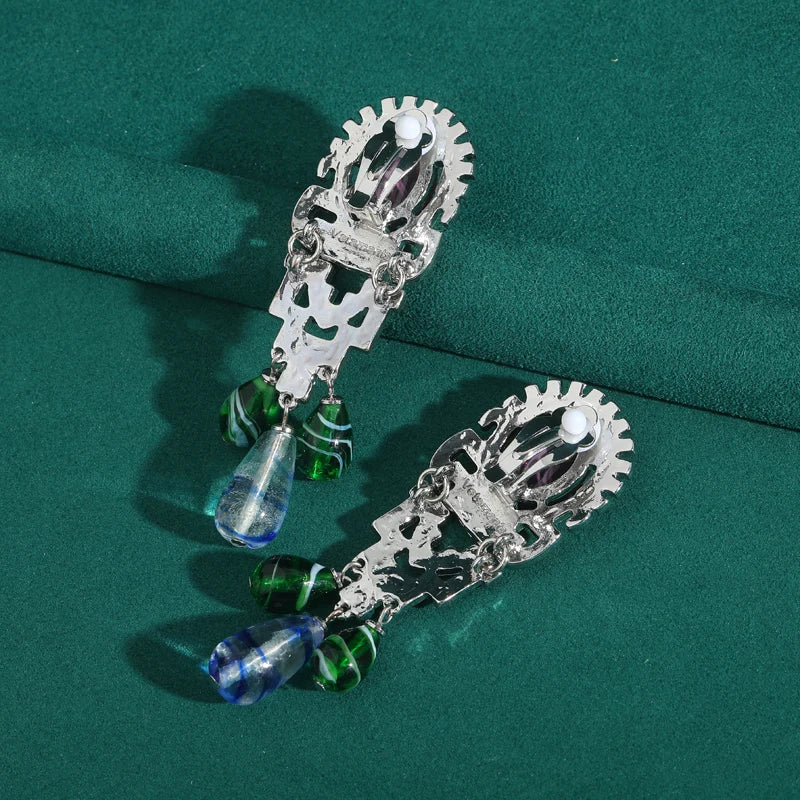 1950s Retro Hollywood Waterdrop Earrings – Purple Glass & Zircon Statement Pair