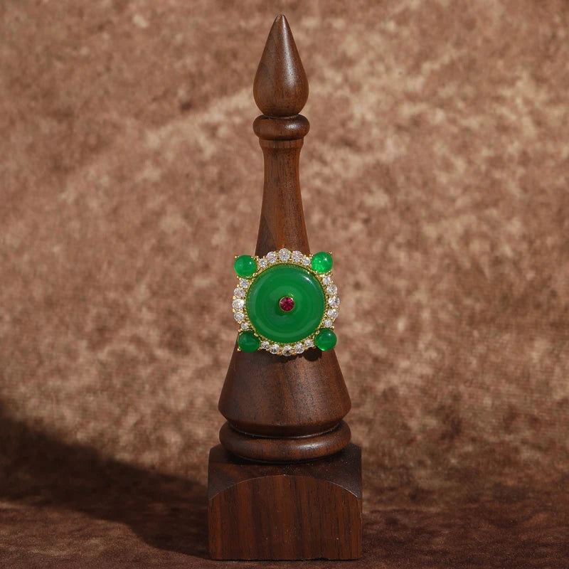 Vintage Jadeite Disc Gold-Plated Statement Ring – Adjustable