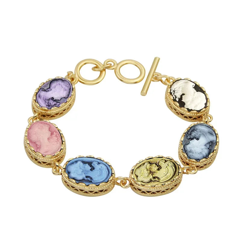 Victorian Elegance Resin Cameo Bracelet - Antique Toggle Clasp - Mid-Century Heirloom