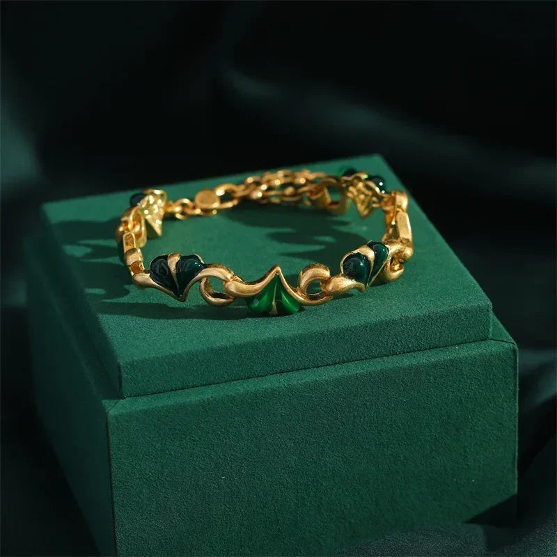 Vintage Green Heart Charm Bracelet – Gold-Plated Adjustable