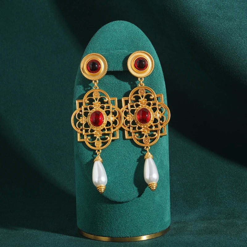 Victorian Palace Red Glaze Drop Earrings – Long Pearl Chandelier Clip-Ons