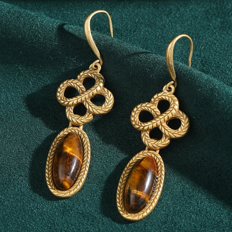 Vintage Tiger Eye & Knot Drop Earrings - Antique Gold & Luxury Designer Style