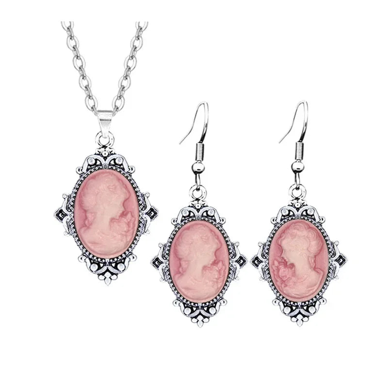 Lady Queen Cameo Jewelry Set – Flower Pendant Necklace & Earrings (1890s Inspired)