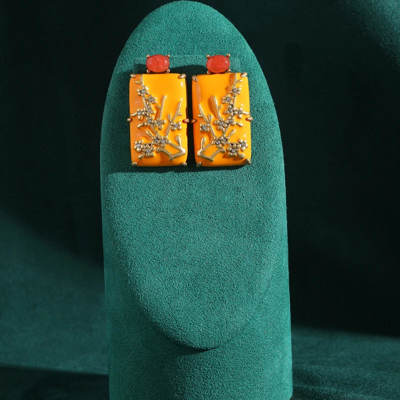 Art Deco Plum Blossom Earrings – Yellow Carved Rectangle with Agate Accent