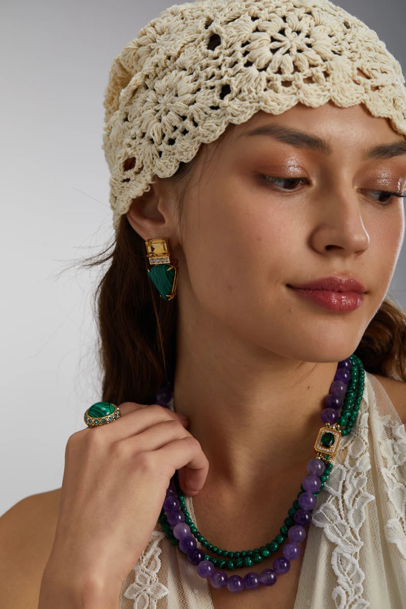 Vintage Green Malachite Beads Necklace – Layered Earth & Crystal Charm