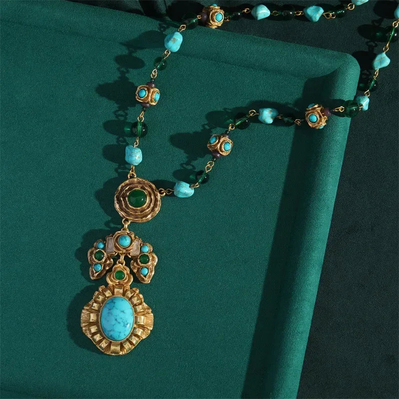 Green Crystal & Turquoise Pendant Necklace – Bohemian Garden Glam