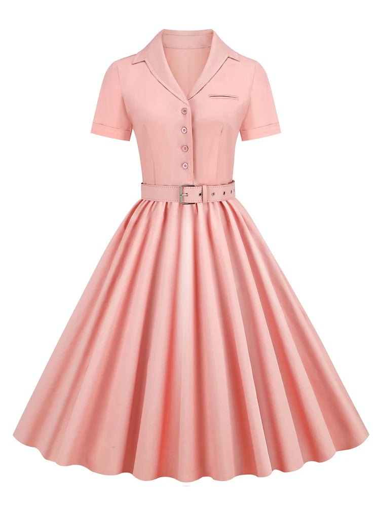 Classic 1950s Vintage Shirtwaist Swing Dress with Belt - Retro Button-Up Midi