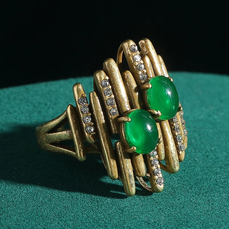 Art Deco Twin Oval Green Stone Ring – Layered Gold Bands & Rhinestone Accents