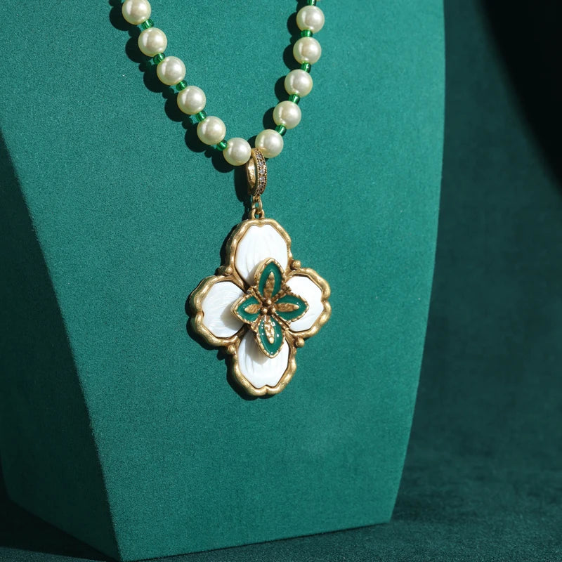 Retro Hollywood Freshwater Pearl Clover Necklace – Enamel & Rhinestone Pendant