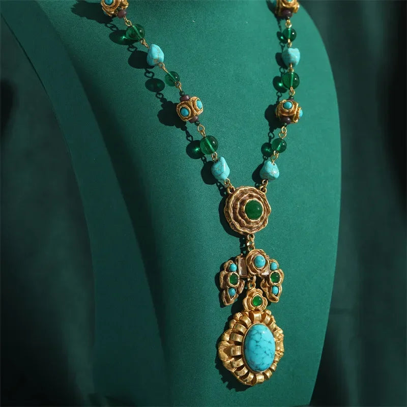 Green Crystal & Turquoise Pendant Necklace – Bohemian Garden Glam