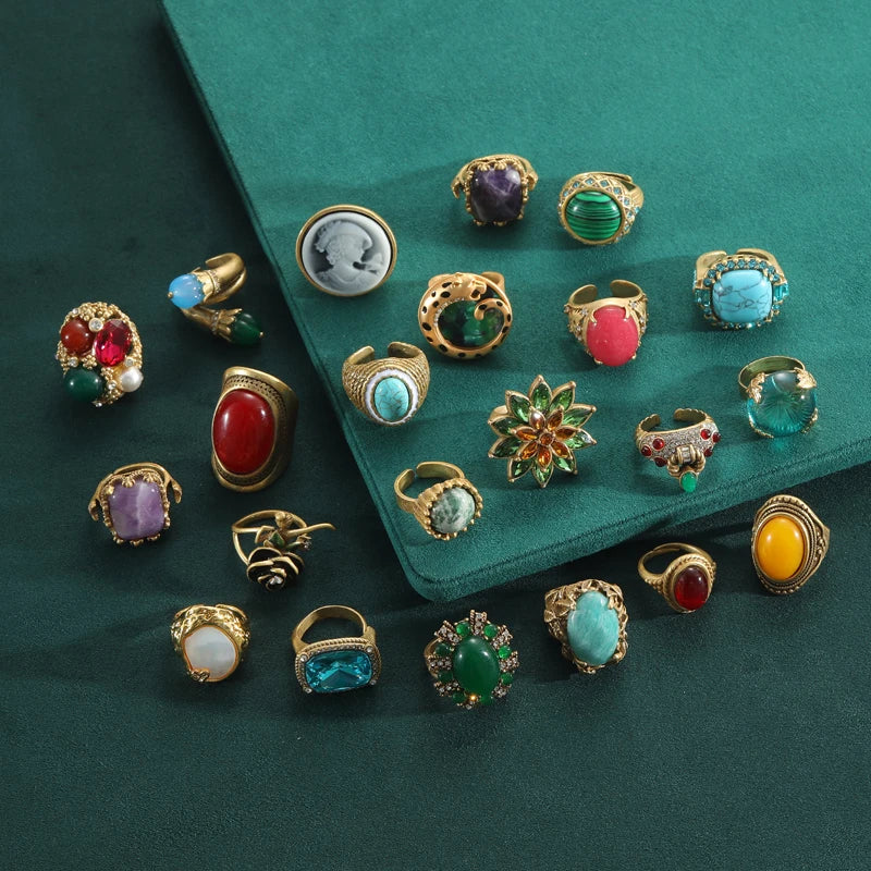 Art Deco Twin Oval Green Stone Ring – Layered Gold Bands & Rhinestone Accents