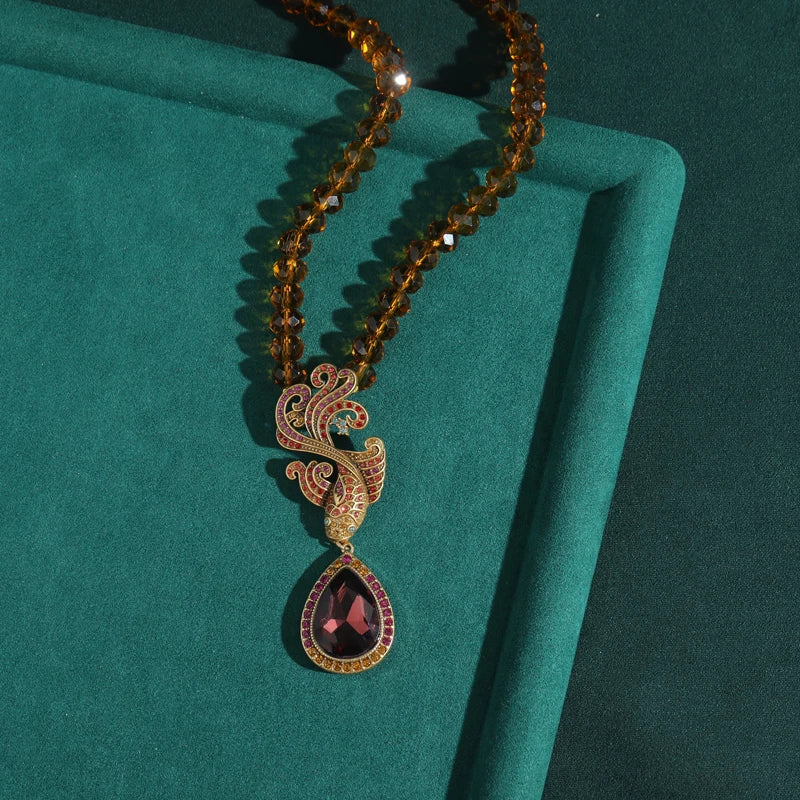 Vintage Purple Crystal Beaded Necklace with Water Drop Pendant