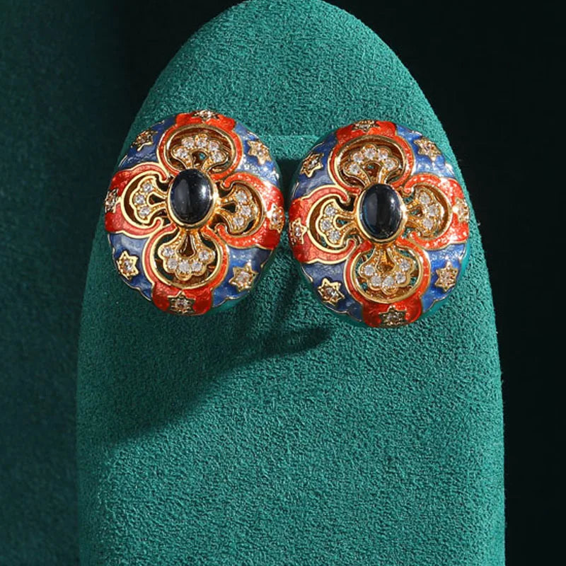 Art Deco Oval Enamel Earrings – Carved Floral Studs with Blue Glaze