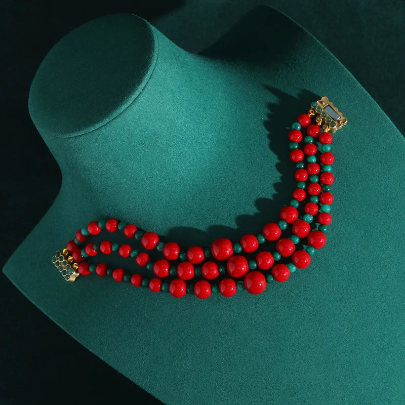 Vintage-Inspired Red & Green Beaded Bracelet – Bohemian Festival Revival