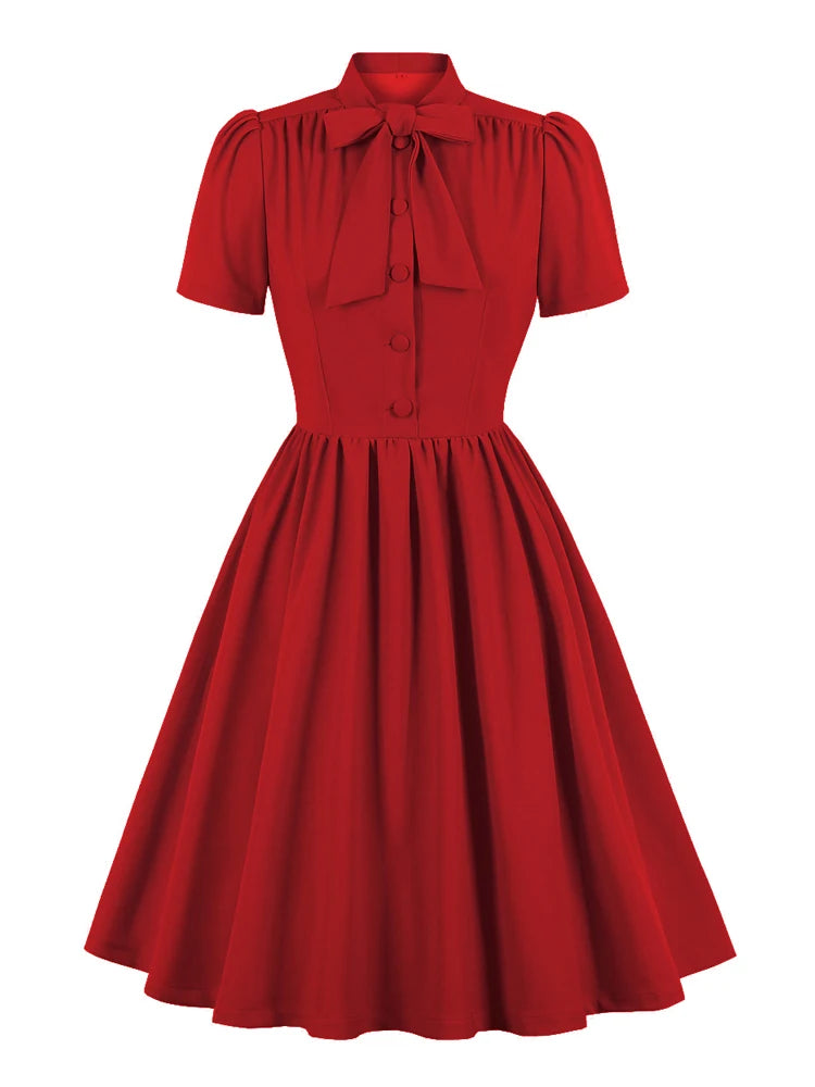 Vintage Inspired 1950s Bow Tie Neck Short Sleeve Swing Dress