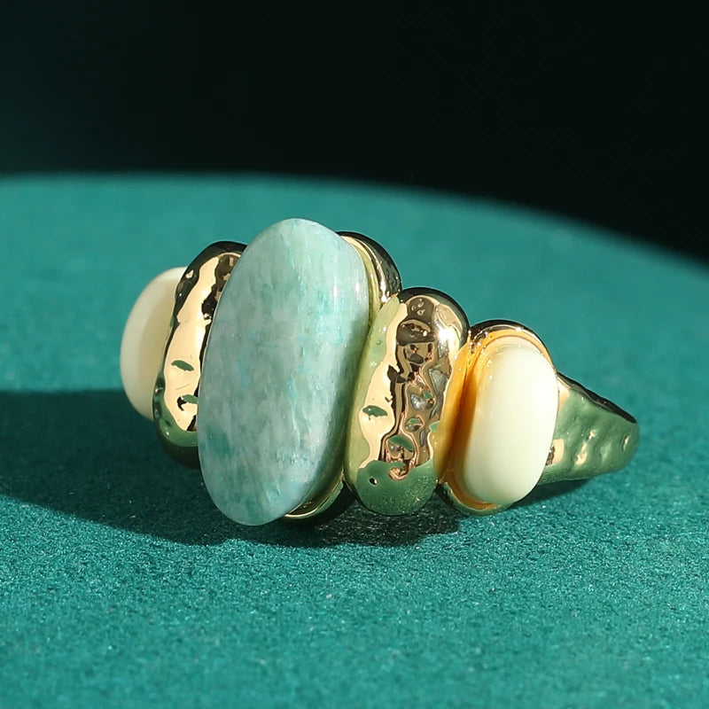 Art Deco Triple Stone Cocktail Ring – Green Oval with White & Gold Accents