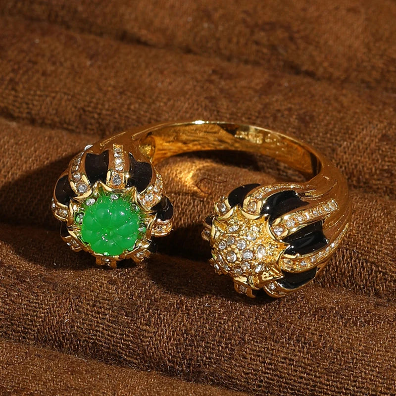 Vintage Green Glaze Pumpkin Gold-Plated Statement Ring – Adjustable