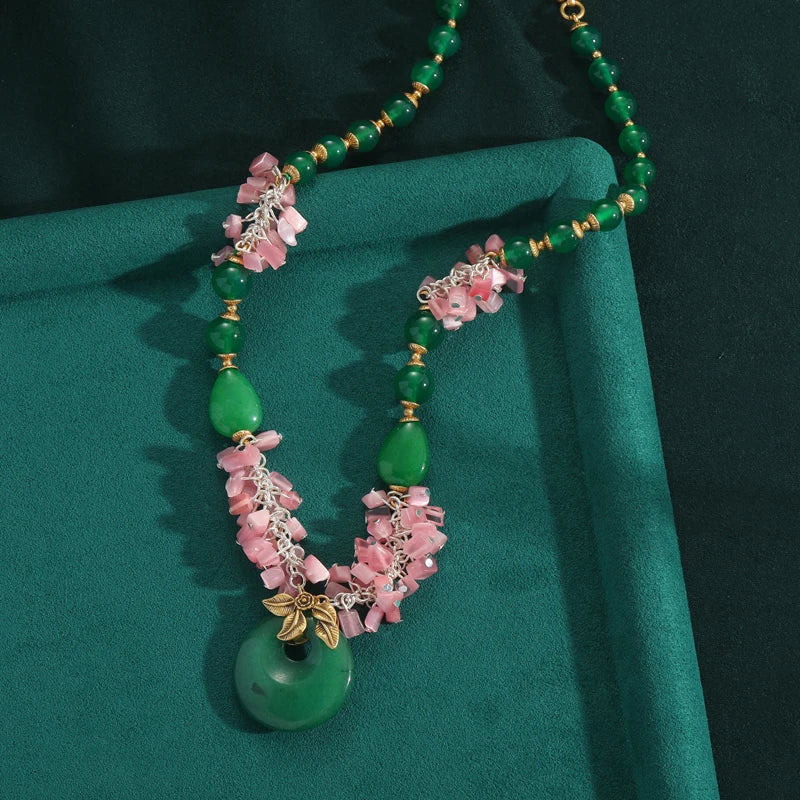 Vintage Jade Beaded Necklace with Pink Flower Accents