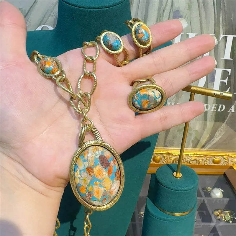 Boho Rococo Nautical Map Jewelry Set – Oval Stone Pendant, Earrings & Ring in Antique Copper