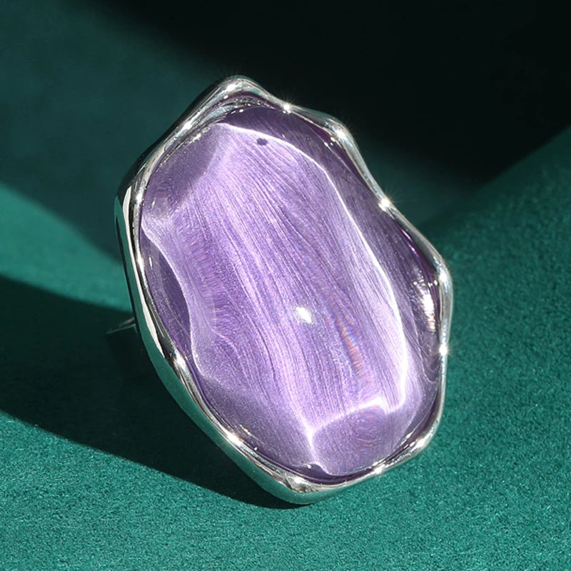 Retro Hollywood Oversized Purple Glass Ring – Sculptural Statement Cocktail Piece