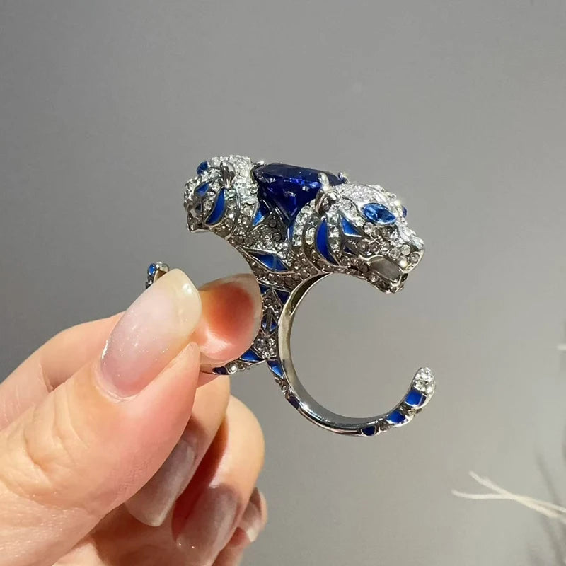 1920s Art Deco Panther Statement Ring – Silver & Sapphire Inlay