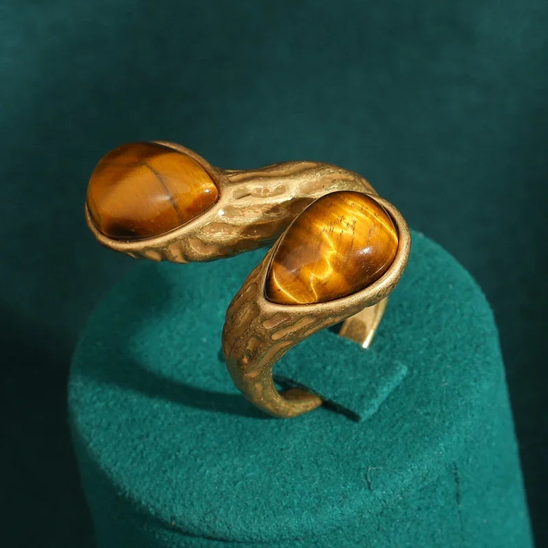 Vintage Double Teardrop Tiger's Eye Gold Plated Open Ring - Natural Stone Inlay