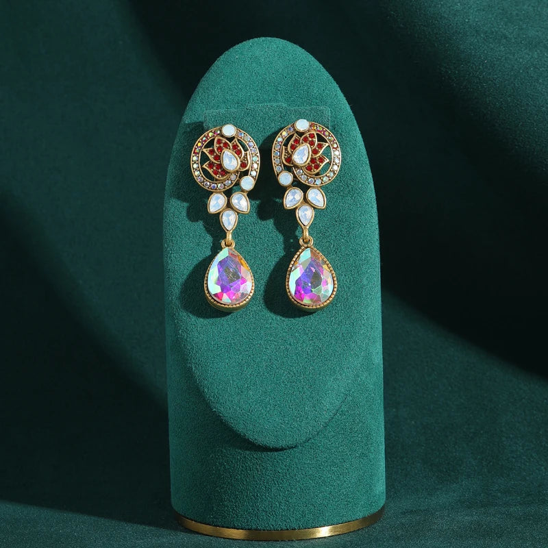 Vintage Aurora Borealis Crystal & Leaf Drop Earrings - Antique Gold & Rhinestone Accents