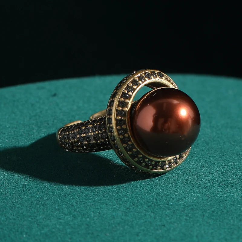 Luxury Vintage Red Copper Brown Pearl Ring