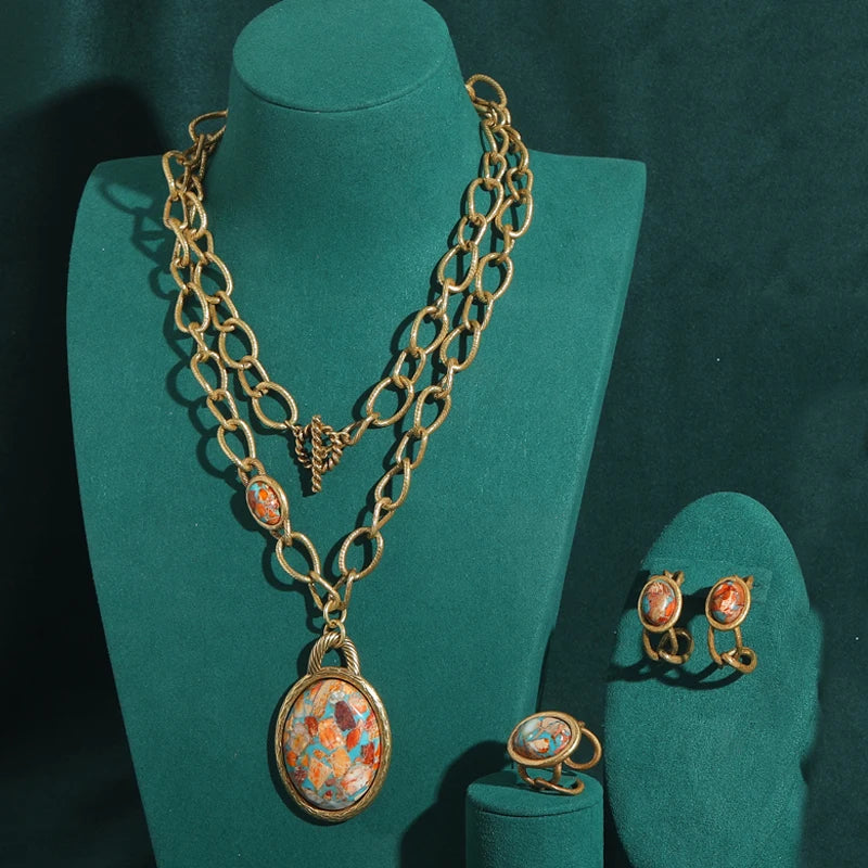 Boho Rococo Nautical Map Jewelry Set – Oval Stone Pendant, Earrings & Ring in Antique Copper