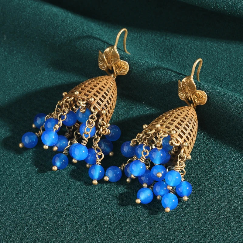 Vintage Birdcage Tassel Earrings – Blue Glaze & Sculptural Swing