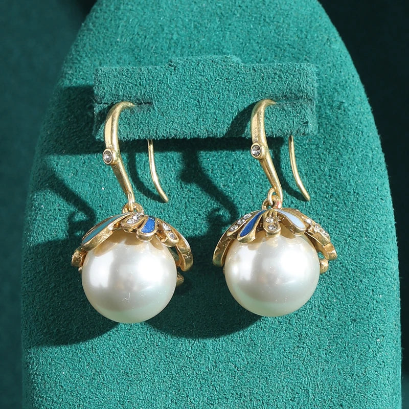 Retro Hollywood Pearl Drop Earrings – Rhinestone & Enamel Hook Pair