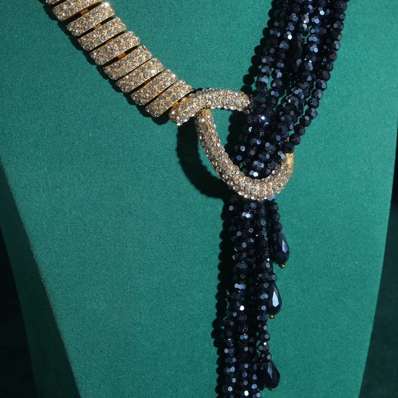 Art Deco Sculptural Rhinestone Choker – Black Beaded Flame Pendant Statement Necklace