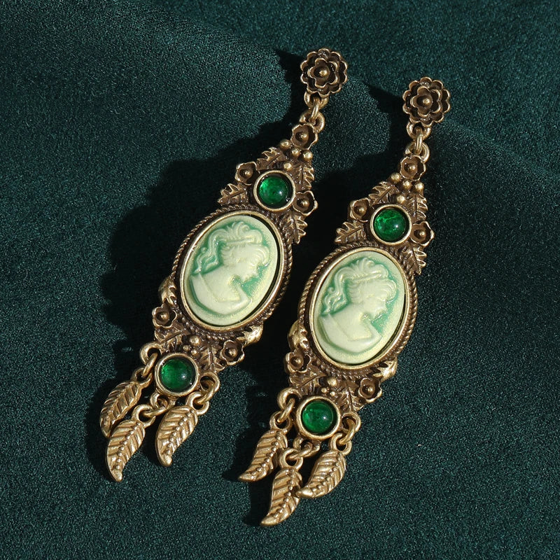 Green Cameo Feather Drop Earrings – Victorian-Inspired Heirloom Glam