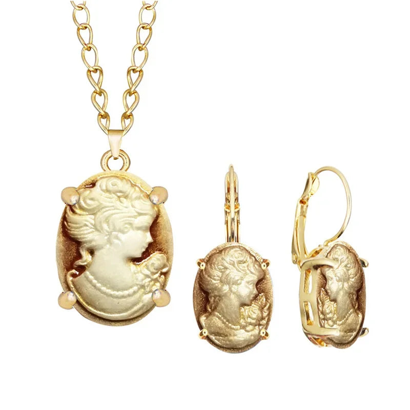 Lady Queen Cameo Jewelry Set – Necklace &amp; Earrings (1890s Inspired)