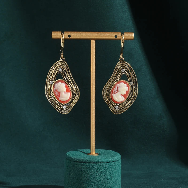 Victorian Dopamine Pink Cameo Drop Earrings – Ornate Gold Hook Dangles
