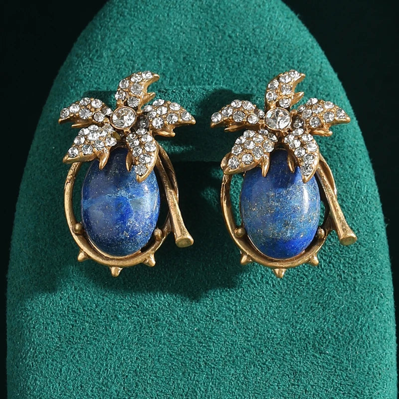 Vintage Lapis Lazuli Floral Stud Earrings – Petal Sparkle & Stone Power