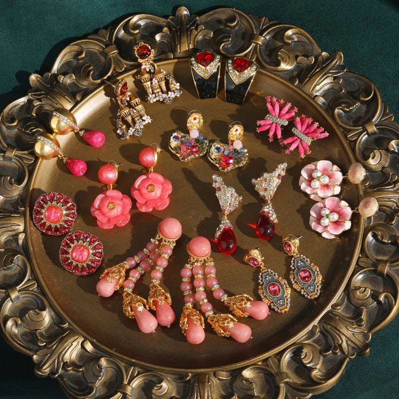 Boho Mod Red Floral Stud Earrings – Round Natural Stone Statement Pair