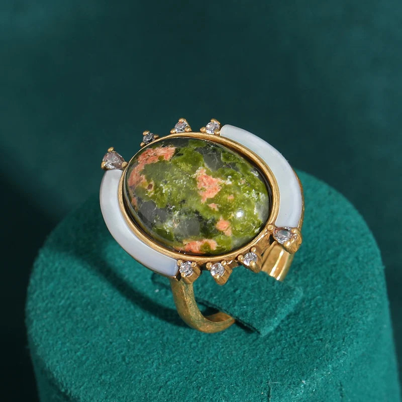 1960s Boho Mod Globe Ring – Green & Pink Natural Stone