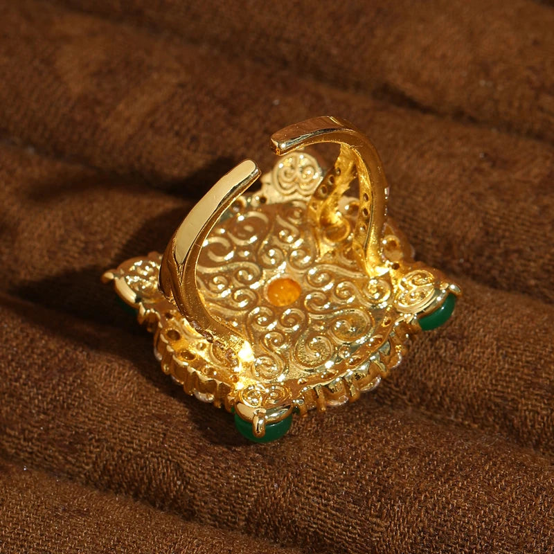 Vintage Jadeite Disc Gold-Plated Statement Ring – Adjustable