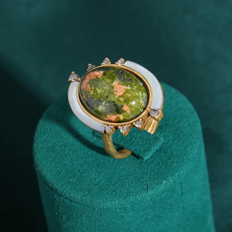 1960s Boho Mod Globe Ring – Green & Pink Natural Stone