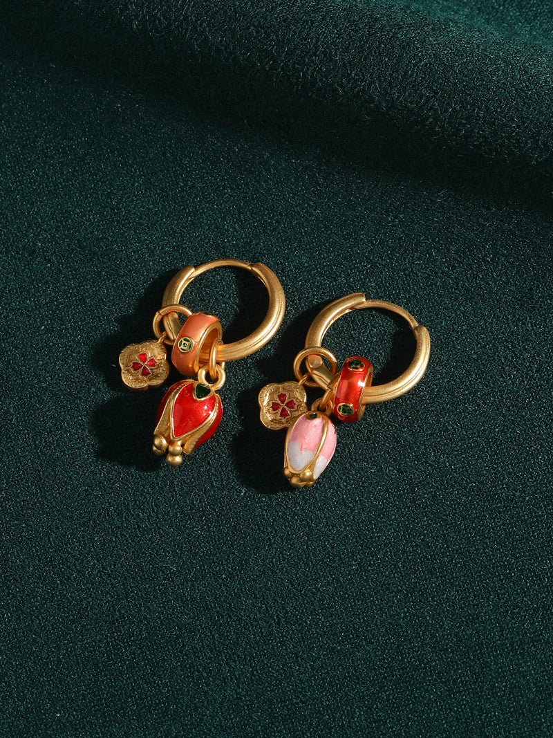 Vintage Gold & Enamel Tulip Drop Hoop Earrings - Natural Stone Accents