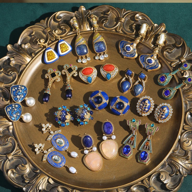 Art Deco Royal Blue Enamel Stud Earrings – Geometric Gold & Crystal Statement Pair