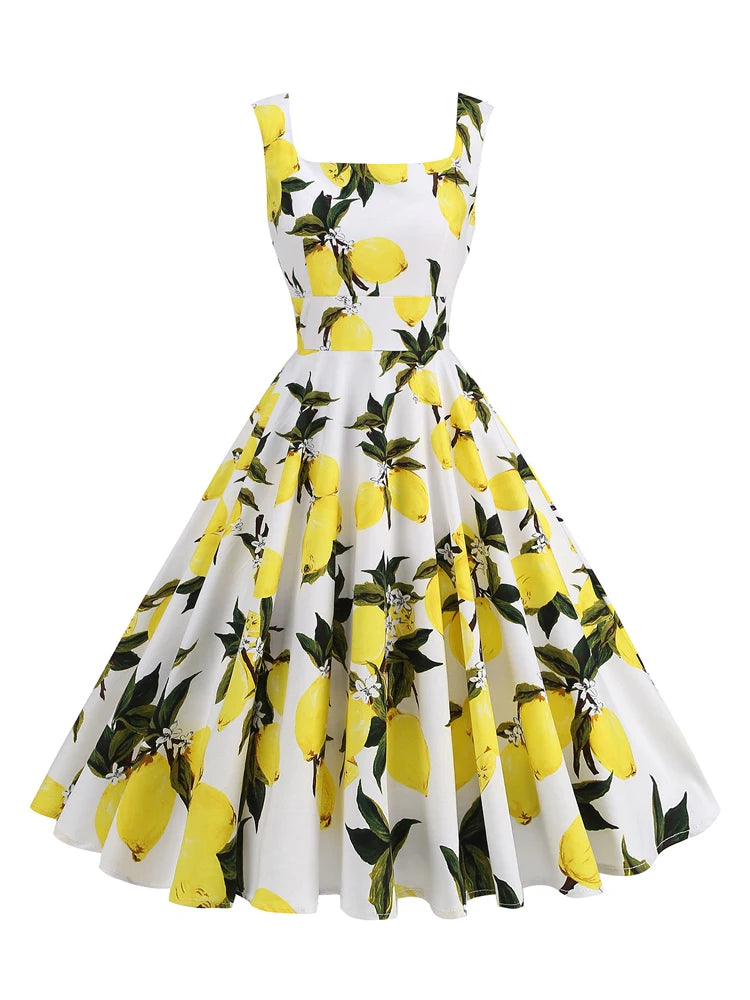Vintage Charm Lemon Print A-Line Swing Dress