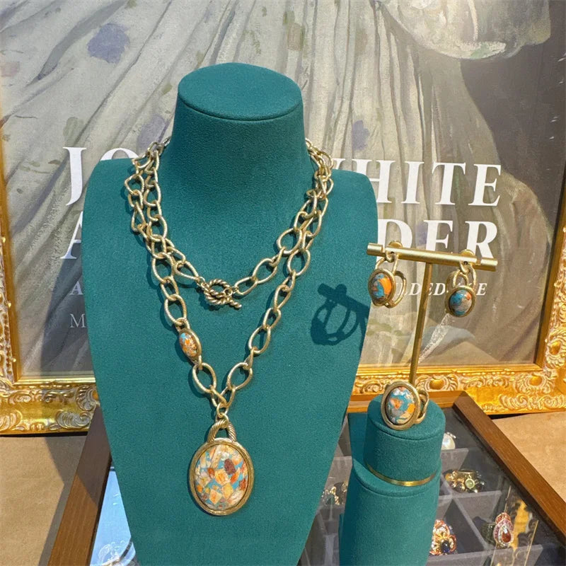 Boho Rococo Nautical Map Jewelry Set – Oval Stone Pendant, Earrings & Ring in Antique Copper